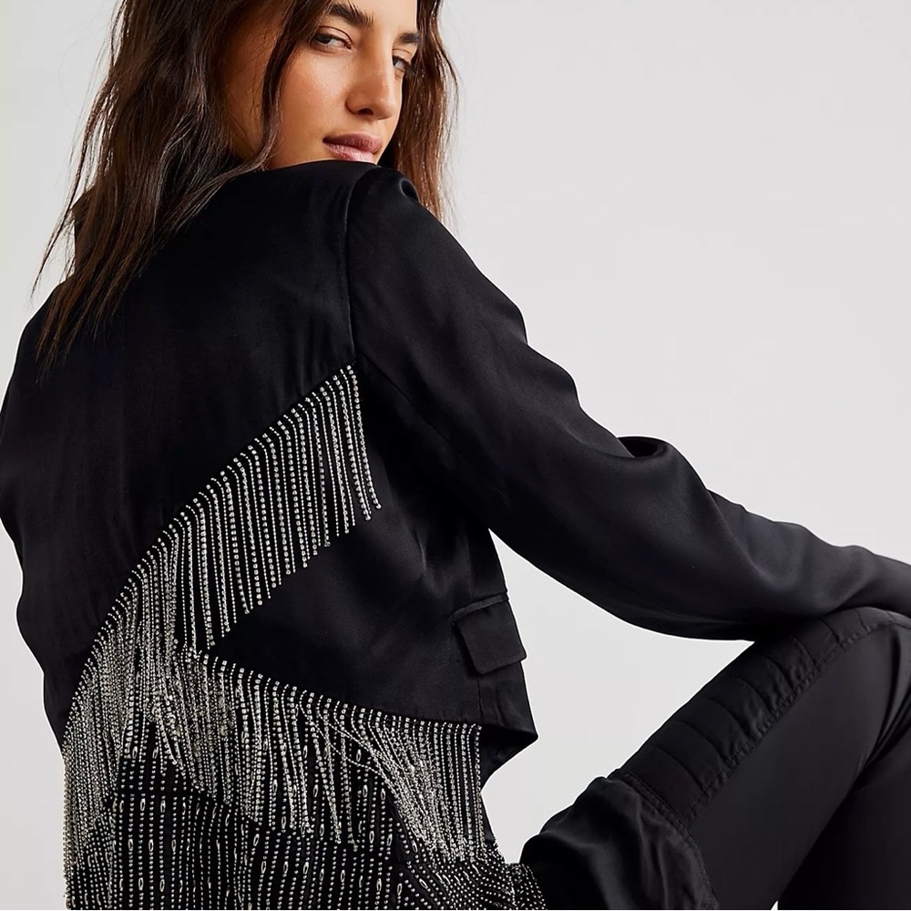 Free People ‘Deena’ Cropped Blazer Rhinestone Fringe Black Satin Blazer M EUC